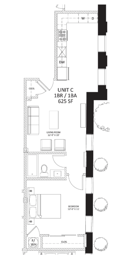 Floor plan for 1 bed, 1 bath, 625 sqft